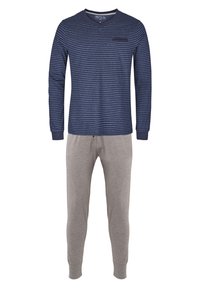 Heren lounge-outfit bestaande uit een langemouwen navy gestreept shirt en grijze jerseybroek, gemaakt van een zachte katoenmix.