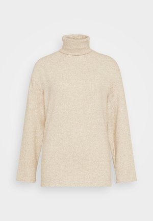 Jersey de cuello alto beige hecho de una tela suave y texturizada. Presenta mangas largas y un corte relajado, con un cuello alto.