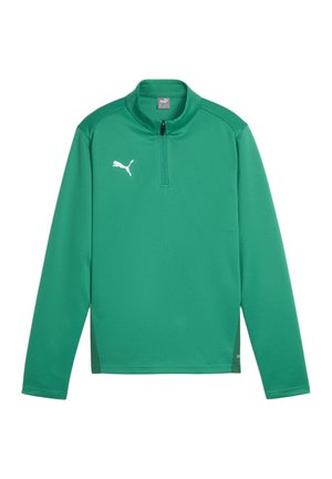 Groene sportieve pullover met lange mouwen, hoge kraag, halve rits aan de voorkant en witte logo detail op de borst. Glad, lichtgewicht stof.