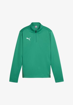 Pullover atletico verde con maniche lunghe, colletto alto, chiusura frontale a mezza zip e dettaglio del logo bianco sul petto. Tessuto liscio e leggero.