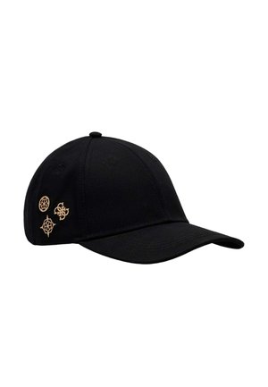 Schwarze Baseballkappe mit gebogenem Schirm und vier kleinen goldenen Emblem-Pins am Seitenpaneel.