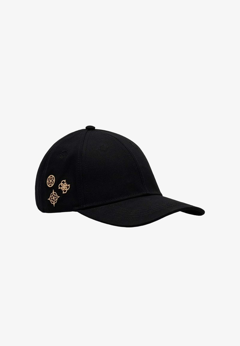 Casquette de baseball noire avec une visière incurvée et quatre petites épingles emblèmes dorées sur le panneau latéral.