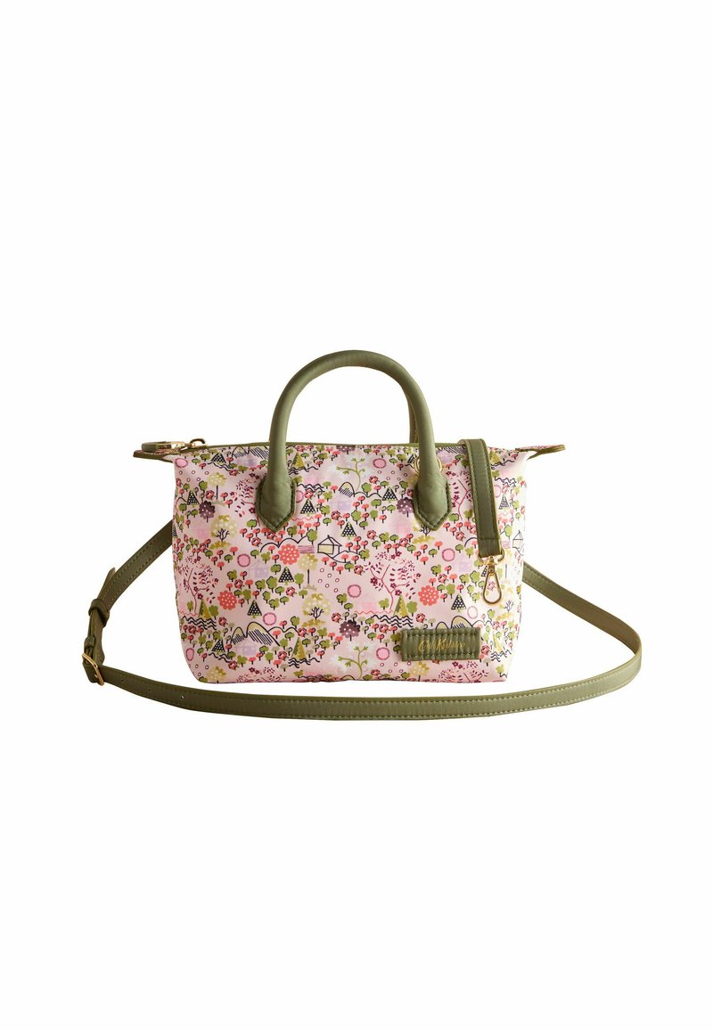 Borsa floreale con una base rosa, accenti verdi e doppi manici. Presenta una tracolla rimovibile e un motivo dettagliato di fiori e paesaggi.