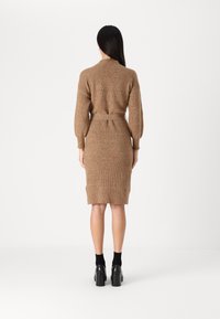 Vestito in maglia color marrone chiaro, con colletto alto, vita aderente e silhouette sartoriale. Maniche lunghe con texture a coste, design fino al ginocchio.