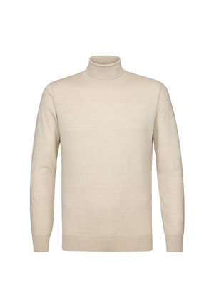 Beige Rollkragenpullover mit langen Ärmeln, aus weichem, strukturiertem Stoff gefertigt. Verfügt über einen taillierten Kragen und einen geraden Schnitt am Saum.