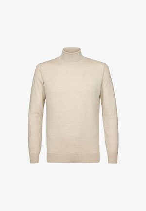 Beige coltrui met lange mouwen, gemaakt van een zachte, gestructureerde stof. Beschikt over een aansluitende kraag en een rechte snit aan de onderkant.