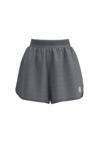 Pantalones cortos deportivos grises con un patrón texturizado, cinturilla elástica y aberturas laterales. Presenta un logotipo en el dobladillo inferior.