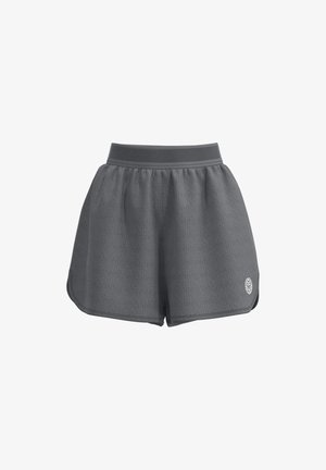 Pantaloni sportivi grigi con un motivo testurizzato, vita elasticizzata e aperture laterali. Presentano un logo sull'orlo inferiore.