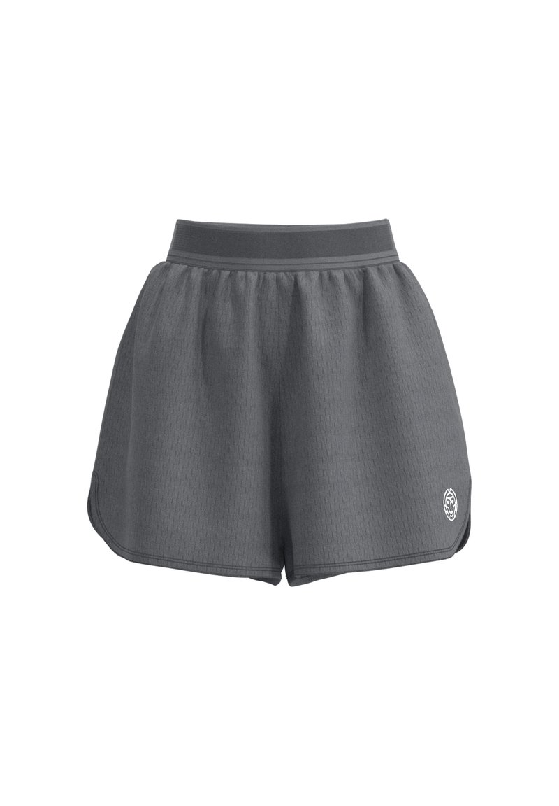 Pantalones cortos deportivos grises con un patrón texturizado, cinturilla elástica y aberturas laterales. Presenta un logotipo en el dobladillo inferior.