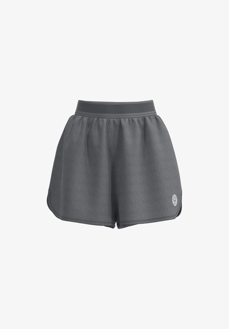 Pantalones cortos deportivos grises con un patrón texturizado, cinturilla elástica y aberturas laterales. Presenta un logotipo en el dobladillo inferior.