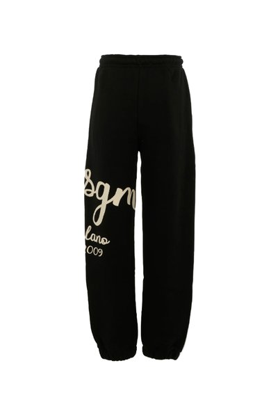 Zwarte sweatpants van katoen met een elastische tailleband. Heeft crèmewitte bedrukte tekst met de tekst "sgm Milano 2009" aan één zijde.