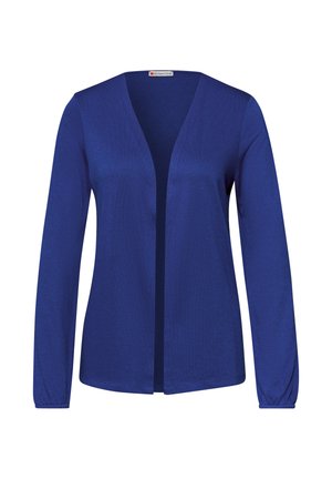 Cardigan bleu à ouverture frontale, manches longues avec poignets élastiques, de la marque Street One, présenté sur un fond blanc.