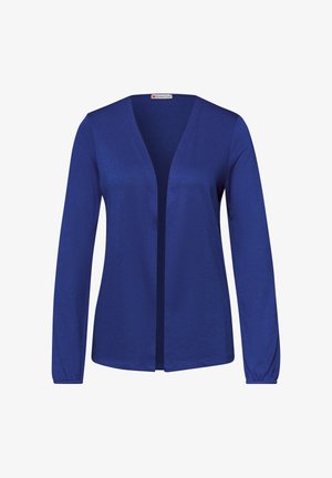 Blauer Cardigan mit offenem Vorderteil, langen Ärmeln und elastischen Bündchen, Marke Street One, auf weißem Hintergrund dargestellt.