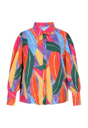Värikäs, löysästi istuva nappikauluspaita, jossa on rohkea lehtikuvio oranssina, vihreänä, sinisenä ja purppurana vaalealla taustalla. Puffihihat.