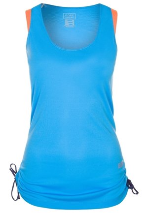 Débardeur de sport bleu sans manches avec texture en mesh, bretelles orange et liens latéraux ajustables à l'ourlet.