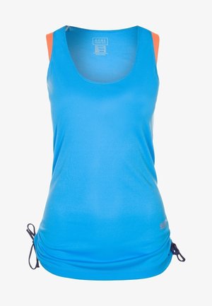 Débardeur de sport bleu sans manches avec texture en mesh, bretelles orange et liens latéraux ajustables à l'ourlet.