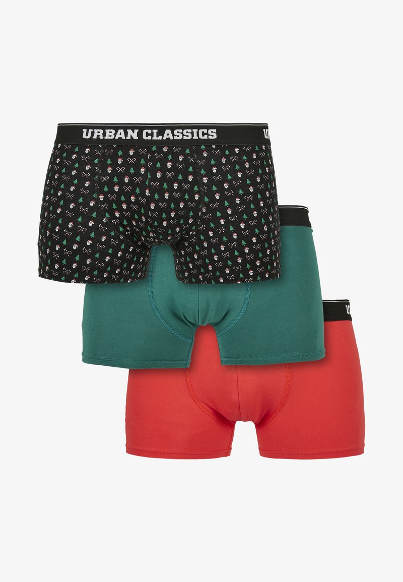 Set of three boxer shorts: one black with a pattern of Santa and trees, one green, and one red. All feature a black waistband with "URBAN CLASSICS."