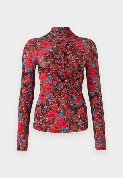 Camisola de mangas longas em tecido suave, com um vibrante padrão floral em vermelho, azul e castanho. Gola alta com um design franzido na parte da frente.