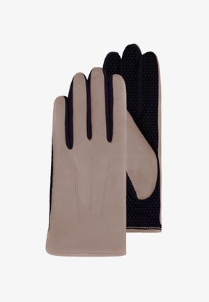 Ein Paar braune Lederhandschuhe mit schwarzem Stoff und sechseckigem Muster auf Handfläche und Fingern, flach und überlappend gezeigt.