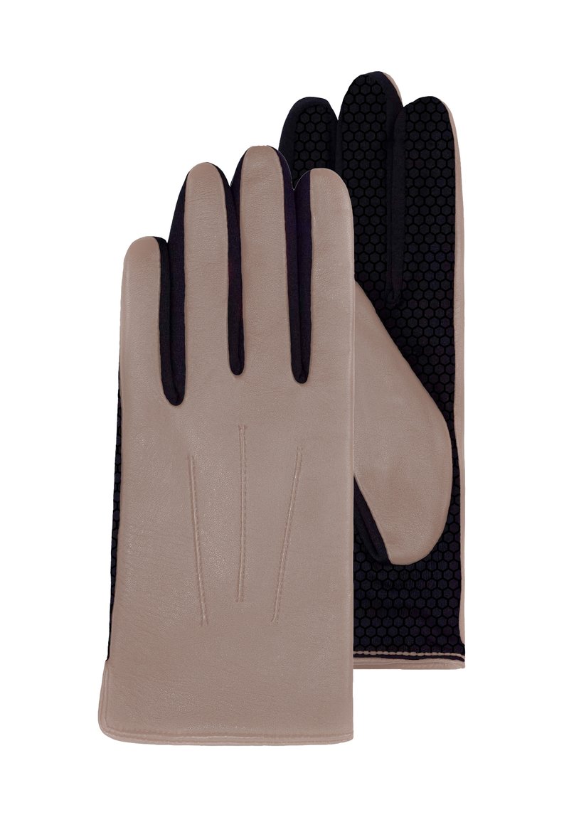 Pair of tan leather gloves with black fabric and hexagonal pattern on palm and fingers, shown flat and overlapping.