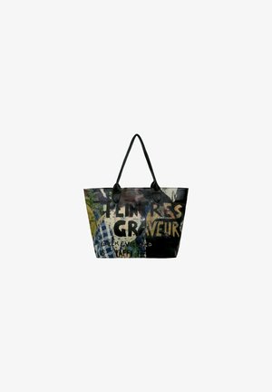 Large tote bag with a glossy finish, multicolored abstract graphic design, dark handles, and text elements in various sizes and fonts.