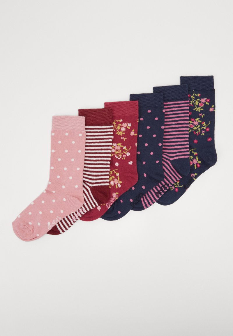 Seven pairs of socks: pink with white polka dots, maroon with stripes, floral patterns, and navy blue with polka dots and stripes.