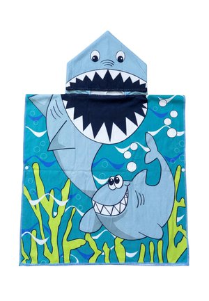 Kinderbadstof met capuchon met cartoonhaaien, bubbels en groen zeewier op blauwe onderwaterachtergrond.