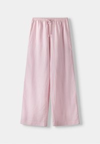 Pale pink wide-leg pants with vertical white stripes, featuring an elastic waistband and a drawstring for adjustable fit.