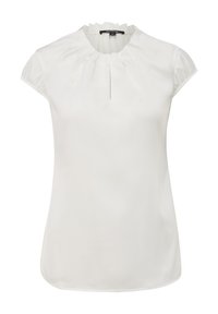 Blouse blanche à manches courtes avec encolure froncée et petite fente devant, avec de subtils plis autour du col.