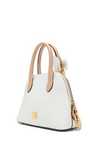 Borsa a tracolla bianca in pelle con accenti beige, chiusura con zip, doppi manici, accessori in oro e motivo ad arco goffrato sulla superficie.