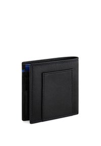 Portafoglio in pelle nera con design slim, dotato di slot per carte e una tasca anteriore. Cuciture a contrasto blu notevoli lungo il bordo interno.