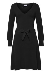 Schwarzes Strickkleid mit langen Ärmeln, V-Ausschnitt und tailliertem Schnitt. Verfügt über einen Bindegürtel und einen auslaufenden Rock. Glatte Textur über das gesamte Kleid.