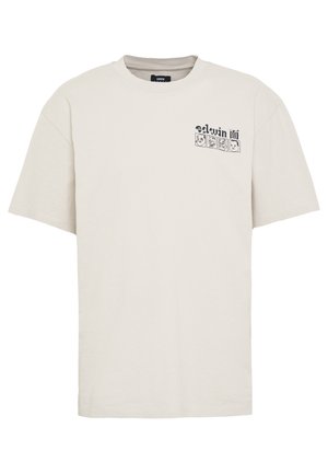 Light beige cotton t-shirt with a crew neck, short sleeves, and a printed graphic showcasing faces in black on the upper left side.