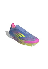 Soccer cleat with a gradient design, transitioning from blue to pink and green. Smooth texture, lightweight, with molded studs for traction.