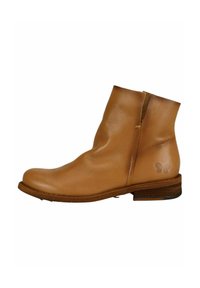 Braune Leder-Stiefelette mit runder Zehenform, mittelhohem Schaft, seitlichem Reißverschluss und einem kleinen Schmetterlingslogo, das auf der Ferse geprägt ist.