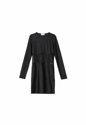 Abito nero a maniche lunghe con un pannello in satin in vita, tessuto morbido, scollatura tonda e vestibilità rilassata. Silhouette semplice e moderna.