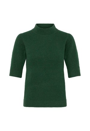 Zaļa īsām piedurknēm turtlenecka džemperis, izgatavots no mīkstas adīta auduma, ar pieguļošu siluetu un ribu detaļām apkaklē un apakšmalā.