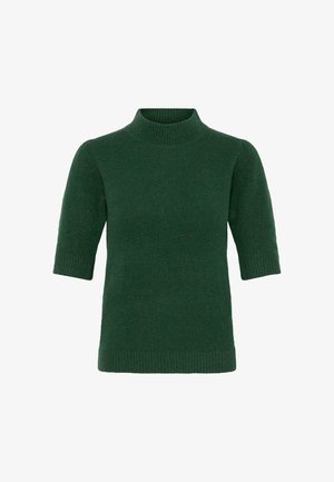 Green short-sleeve turtleneck sweater made of soft knit fabric, featuring a fitted shape and ribbed details at the neckline and hem.