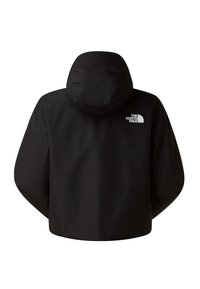 Μαύρο μπουφάν με κουκούλα και το λογότυπο The North Face στο πάνω δεξί μέρος της πλάτης, απεικονίζεται σε λευκό φόντο.