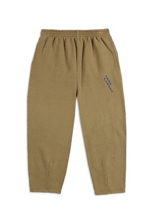 Khaki-Sweatpants mit elastischem Bund, tailliertem Design und blauem Drucktext-Detail auf der linken Seite. Weicher Stoff.
