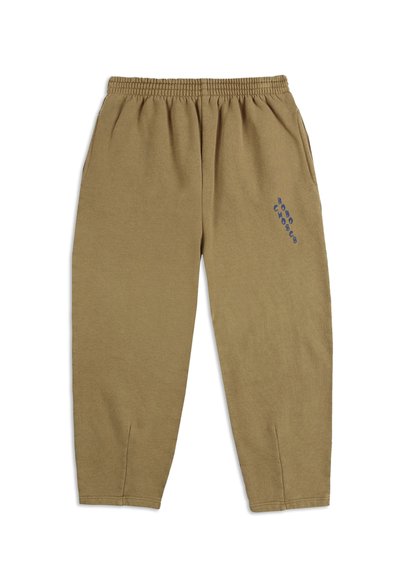 Khaki-Sweatpants mit elastischem Bund, tailliertem Design und blauem Drucktext-Detail auf der linken Seite. Weicher Stoff.