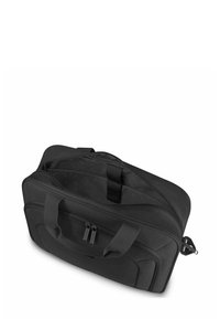 Bolsa de deporte de tela negra con cierre de cremallera, doble asa y un interior forrado con patrones diagonales. Textura suave y diseño resistente.