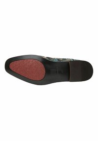 Multicolore patterngeschoen met een gestructureerde zwarte rubberen zool, met een rode accent op de hiel en een gedetailleerd profielontwerp voor grip.