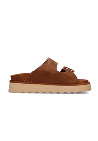Bruine nubuck slide sandalen met een chunky beige zool, voorzien van uitgesneden ontwerpen en een minimalistische sluiting aan de bovenkant.