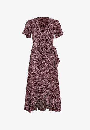 Sukienka wrap w ciemnym tle z małymi różowymi kropkami. Posiada krótkie rękawy, falbaniasty dół oraz boczny detal z wiązaniem. Wykonana z lekkiego materiału.