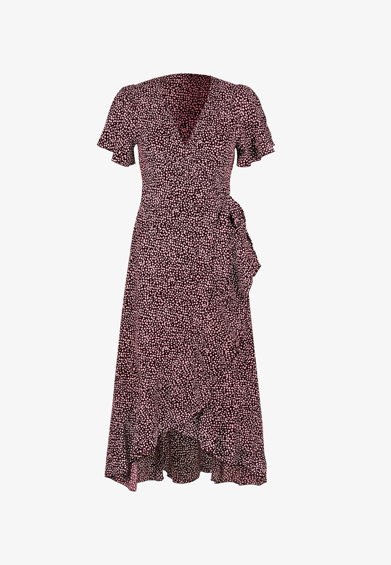 Sukienka wrap w ciemnym tle z małymi różowymi kropkami. Posiada krótkie rękawy, falbaniasty dół oraz boczny detal z wiązaniem. Wykonana z lekkiego materiału.