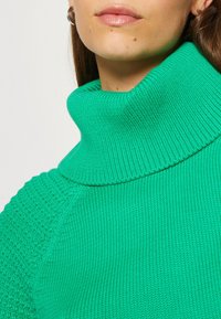 Pull à col roulé vert tricoté avec une texture côtelée et une coupe décontractée. Les détails sont visibles autour du col et de la zone des épaules.