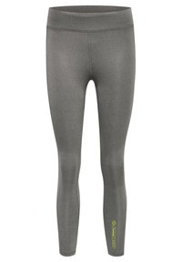 Grå atletiska leggings med en slät textur, hög midja och reflekterande gula detaljer vid fållen. Formanpassad och sträckbar design.