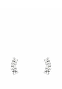 Pendientes de plata con forma de oso, que presentan tres piedras preciosas transparentes en cada pieza. Textura suave y pulida, diseño minimalista.