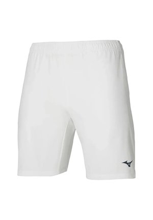 Witte atletiekshorts met een elastische tailleband en een klein zwart logo nabij de onderkant van het linkerbeen.